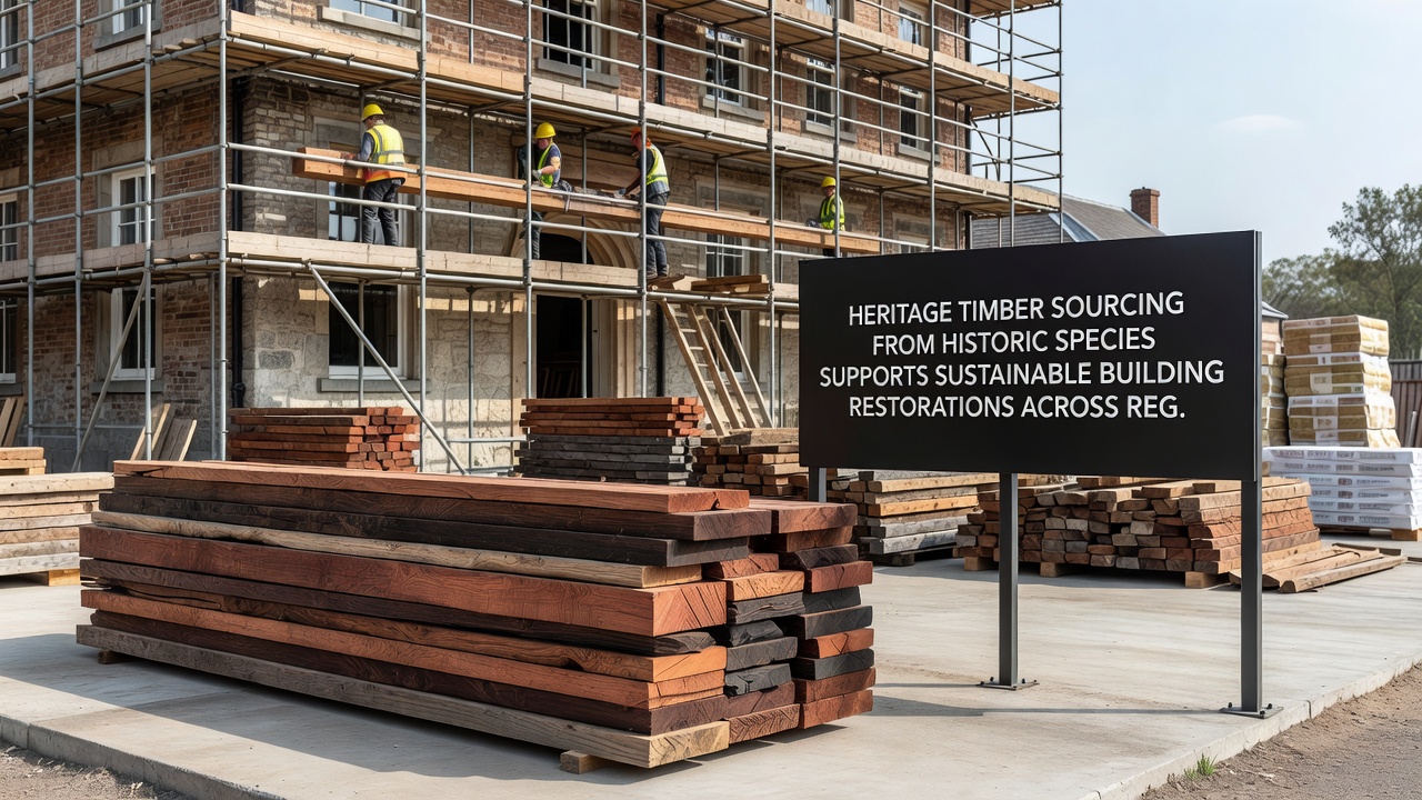 Close-up of restored historic building facade featuring reclaimed timber framing and original architectural details