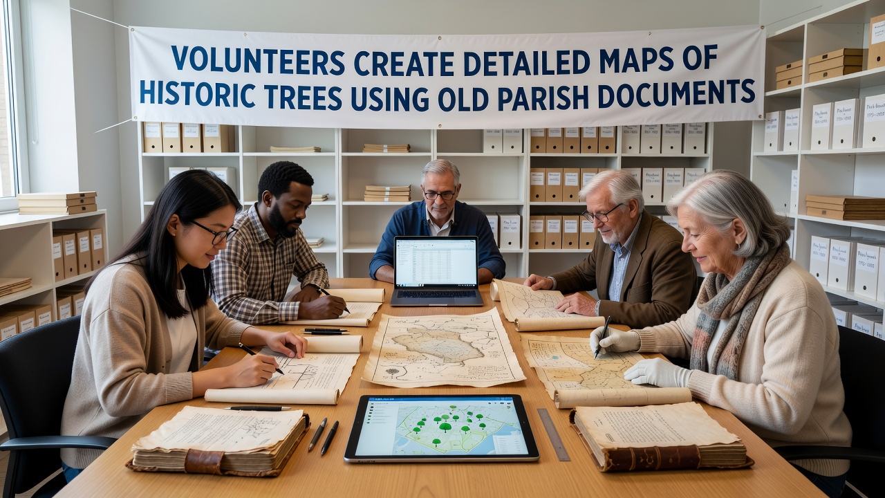 Volunteer using GPS device next to a large ancient oak tree while checking parish map notes